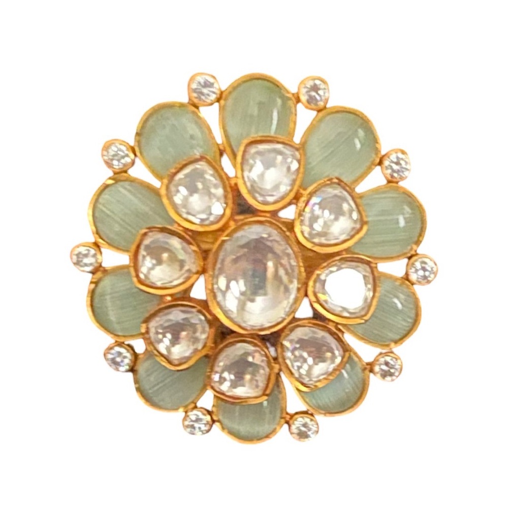Indian Women’s Wedding Gold Polki Kundan Mint Green Floral Adjustable Ring